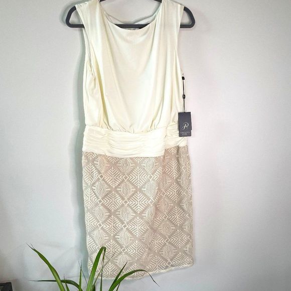 Adrianna Papell Cream dress with metallic champagne geometric skirt NWT RARE - Picture 2 of 8